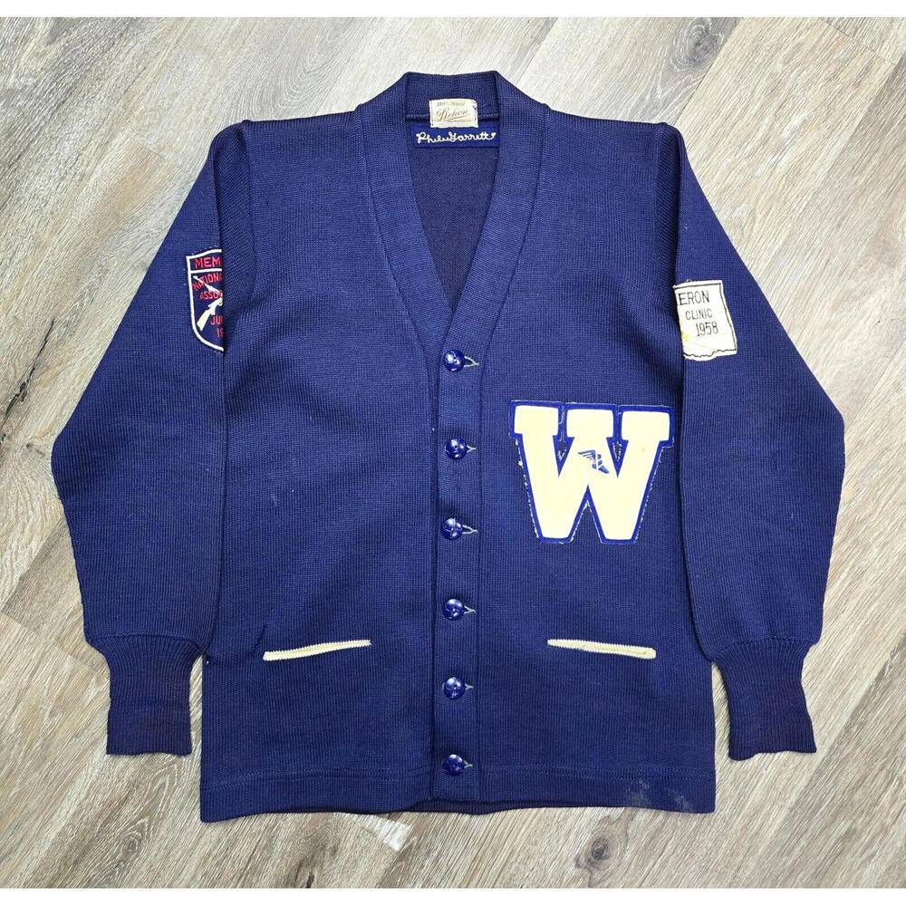 Dehen Vintage 50s NRA W Winged Foot Patch Blue Wool Cardigan Mens Medium M